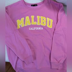 Pink Malibu California Sweatshirt with Yellow Chenille Lettering